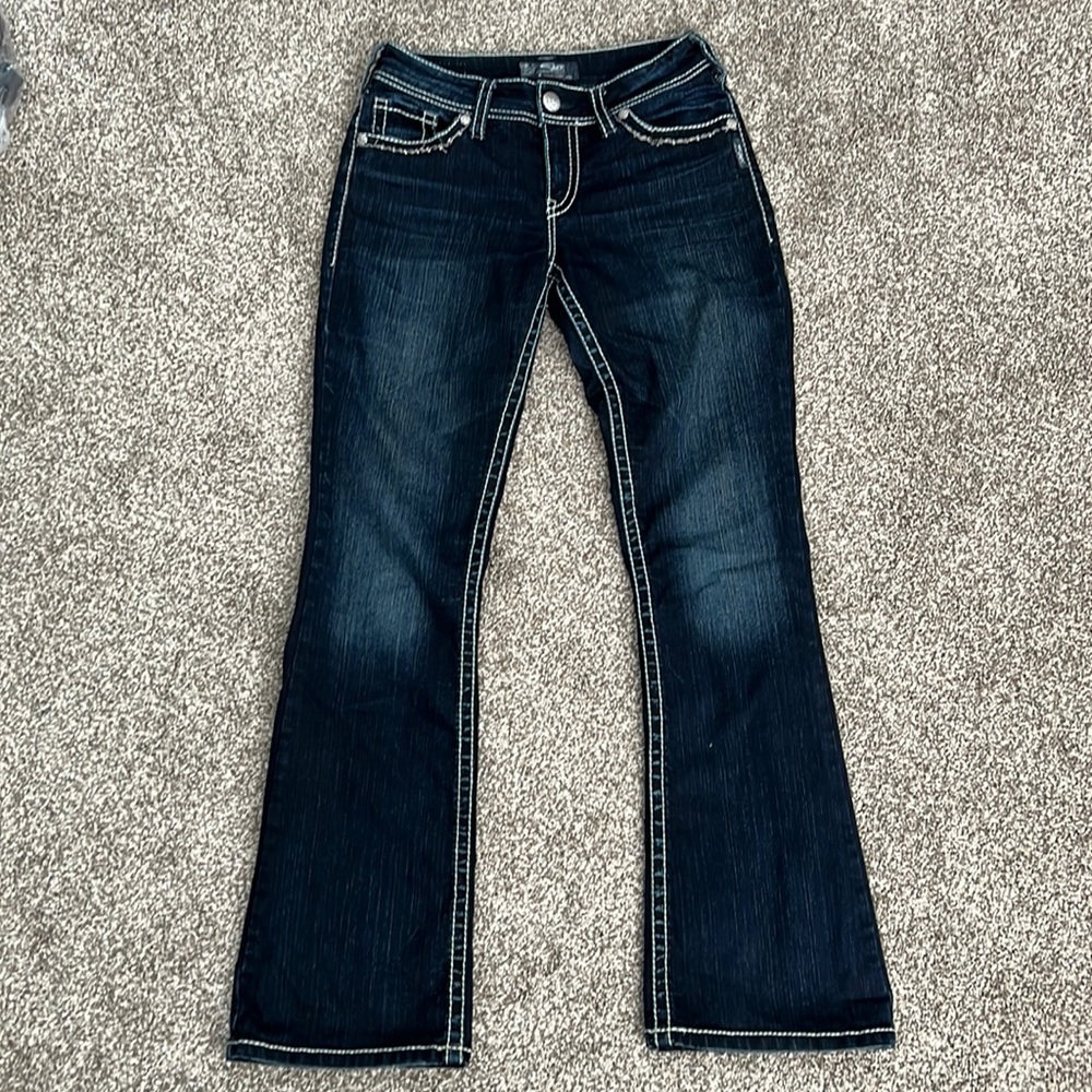 Silver Suki Flap Jeans Dark Distressed Wash 28x32